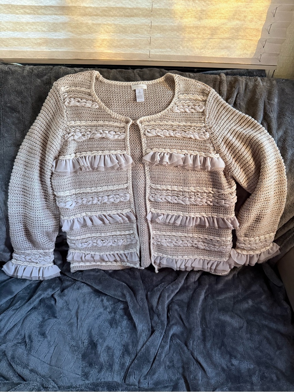 Chicos Womens Cream Ruffle Knit Sweater Cardigan